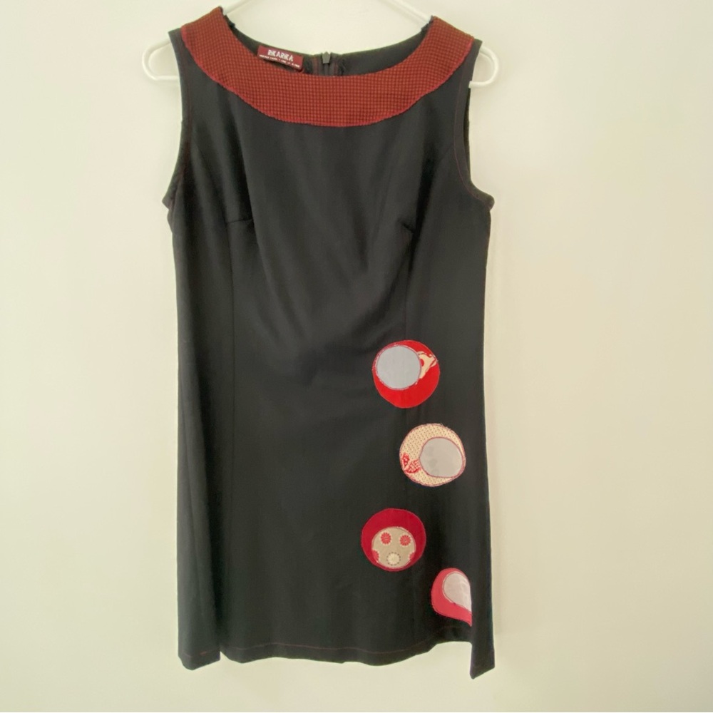 Rikarika Black and Red Sleeveless Dress with Vintage Kimono Accents, Size M